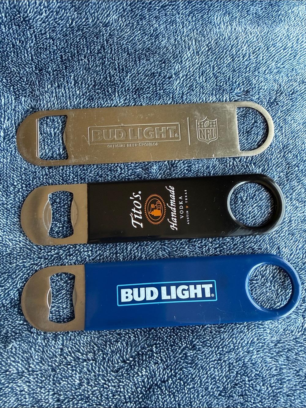 Bud Light & Tito's Bar Blade Bottle Openers - Blue, Black, Silver